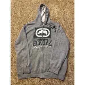 Ecko Unlltd 72 Zip Up Hoodie Gray Black Mens Size XL Y2K